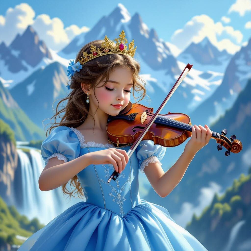 Girl in Crown Playing Violin by Waterfall Mountain Landscape