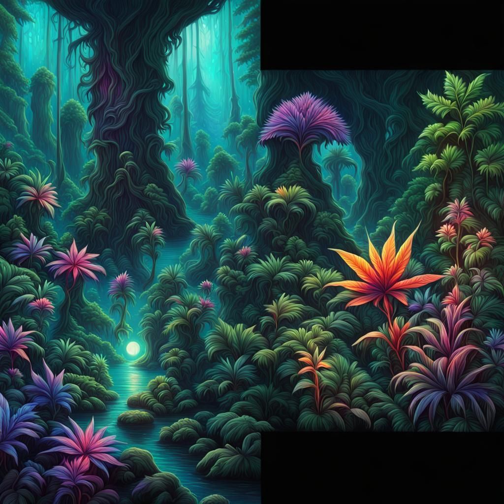 Enchanted Bioluminescent Jungle with Amethyst Crystals