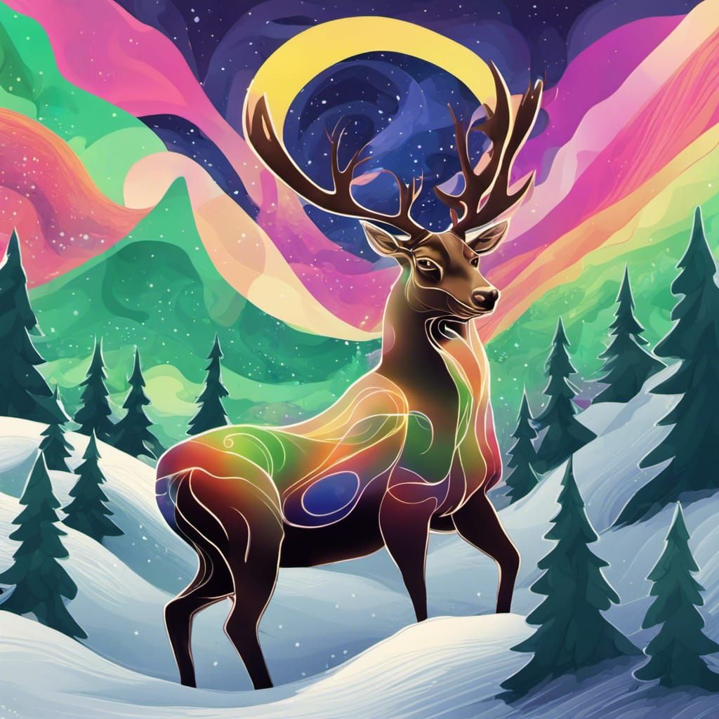 Reindeer Gazing at Northern Lights in Night Sky