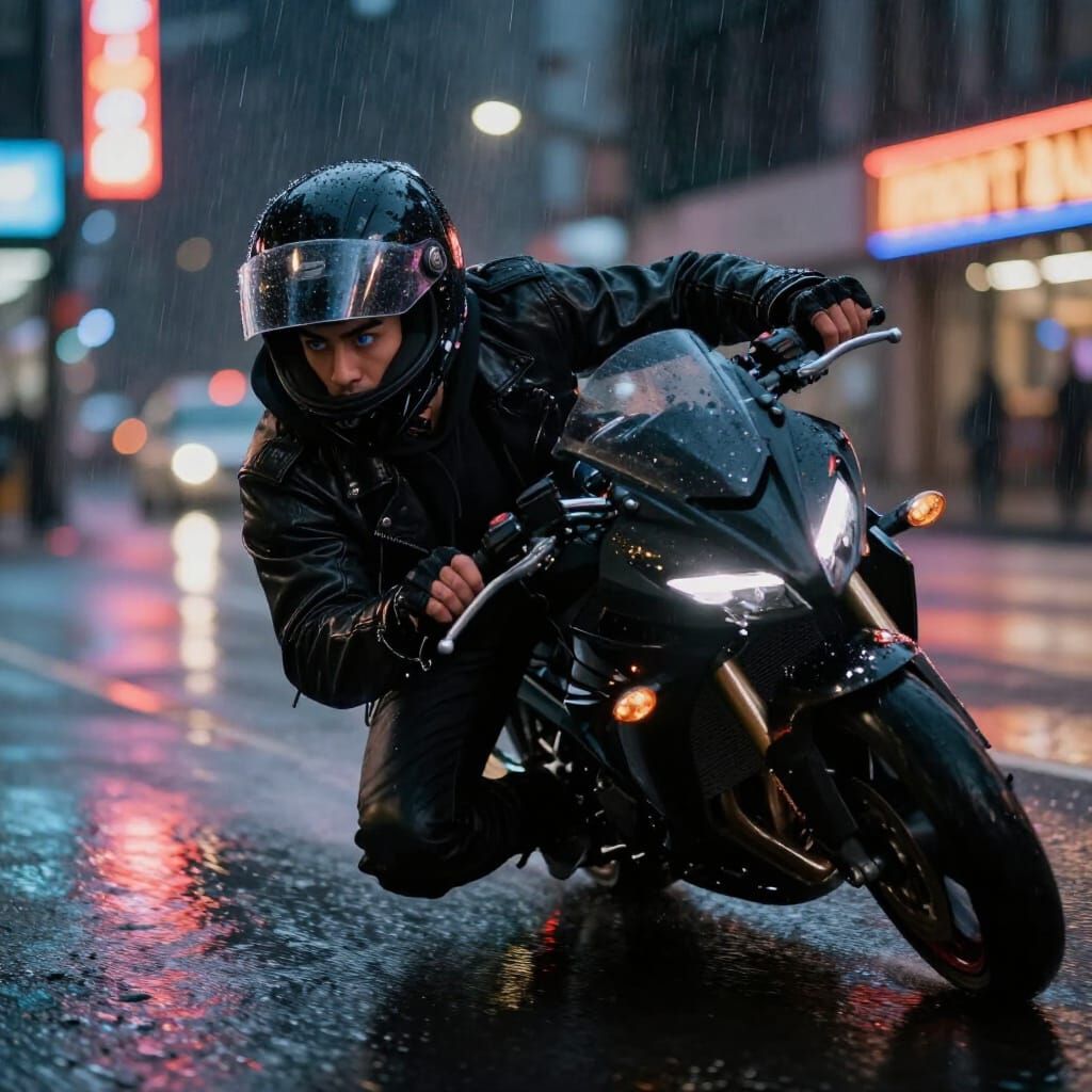 Motorcycle Rider Leaning into Turn on Wet City Street
