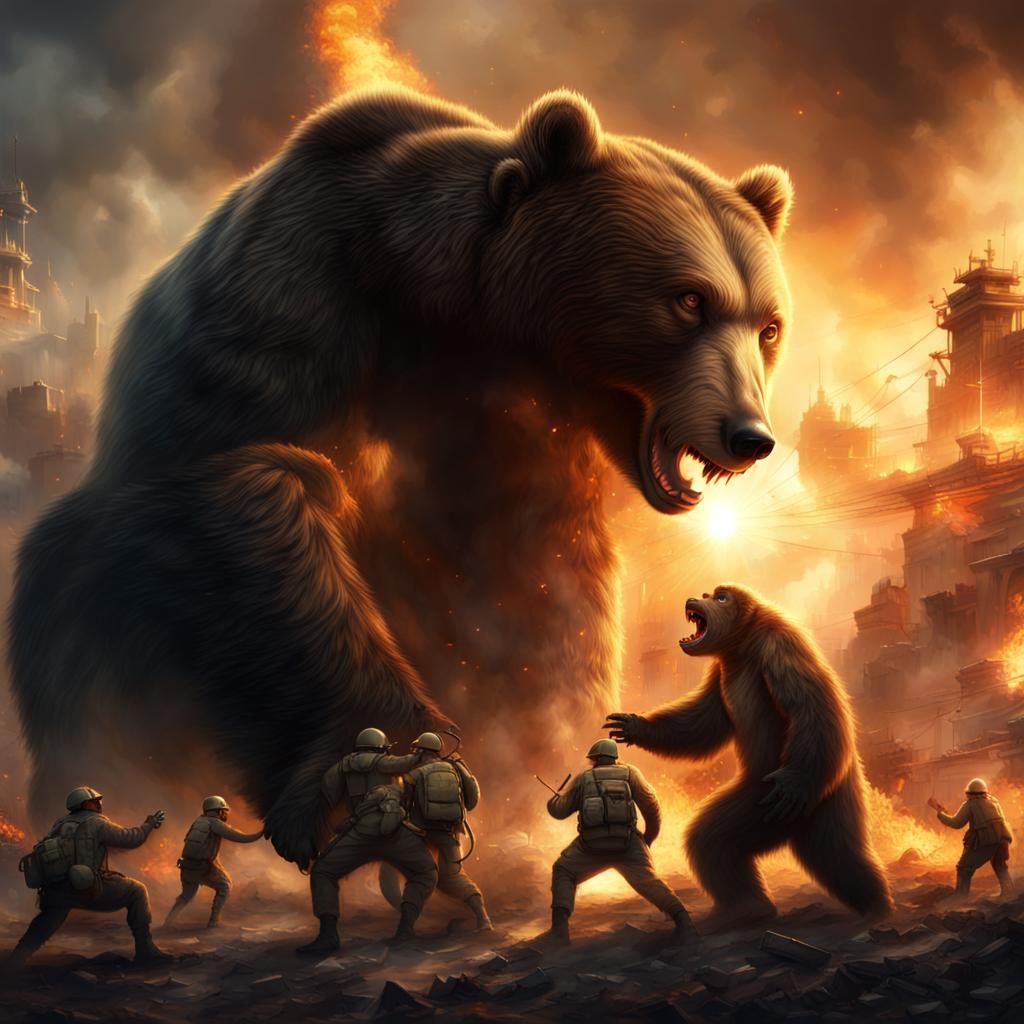 Giant Bear and Monkey Battle in Cinematic Sunset