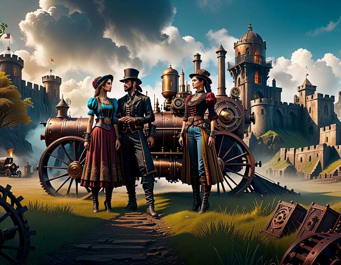 Steampunk Gypsy Musicians in Front of Fortress