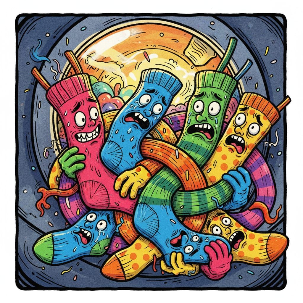 Lost Socks Fight Back with Cartoon Faces in Vibrant Style