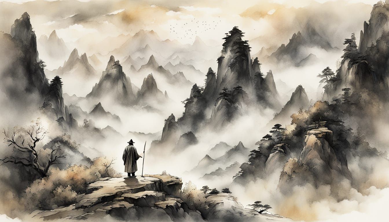 Solitary Figure Contemplating Mountains in Ink Wash Style