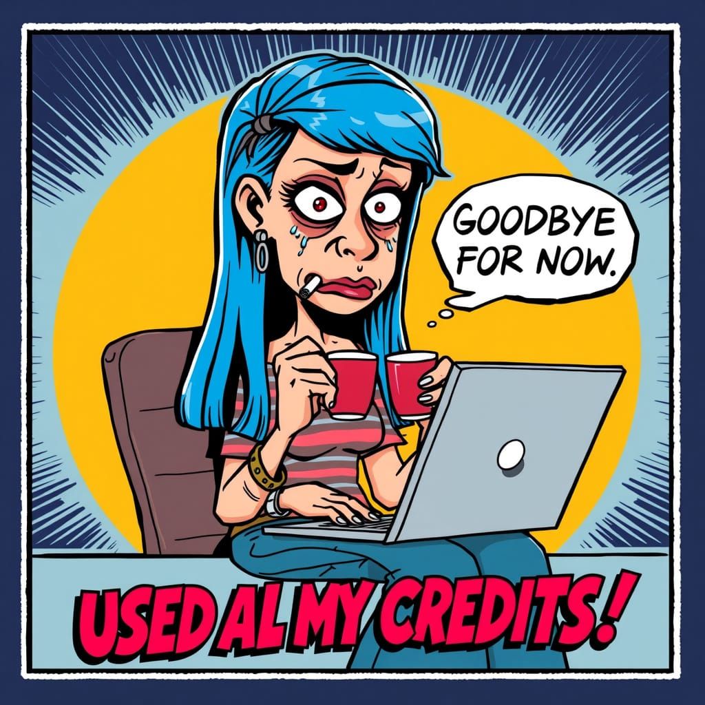 Gritty Cartoon Woman Sits at Laptop, Overwhelmed with Coffee...