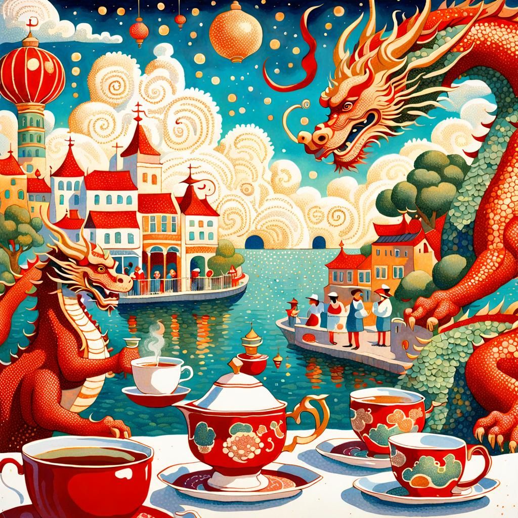 Whimsical Dragons' Tea Party in Pointillism Style