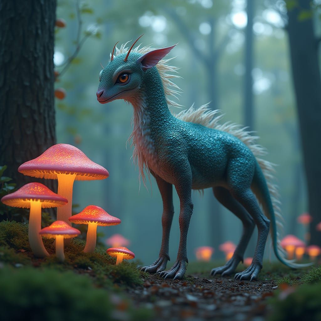 Iridescent Mythical Creature in Mystical Forest