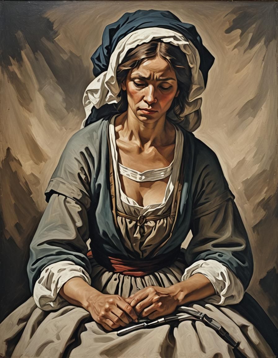 Woman Embroidering, Oil Painting in Gericault Style