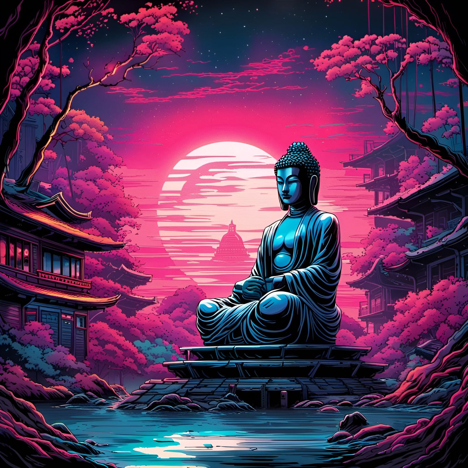 Robot Buddha in Neon Film Noir Style