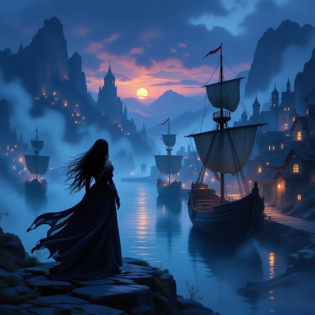 Enchantress Overlooks Mystical Port Town at Twilight