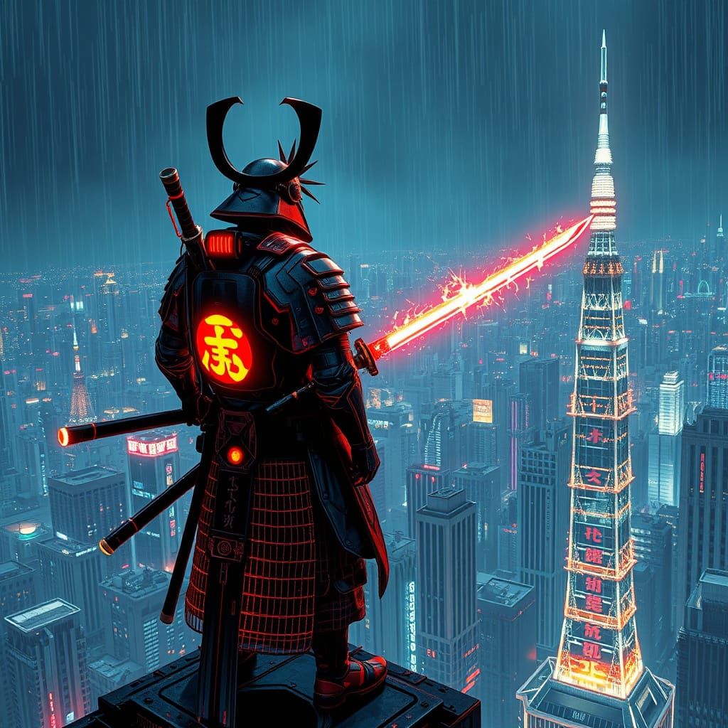 Cyberpunk Samurai Warrior Overlooking Neon Tokyo