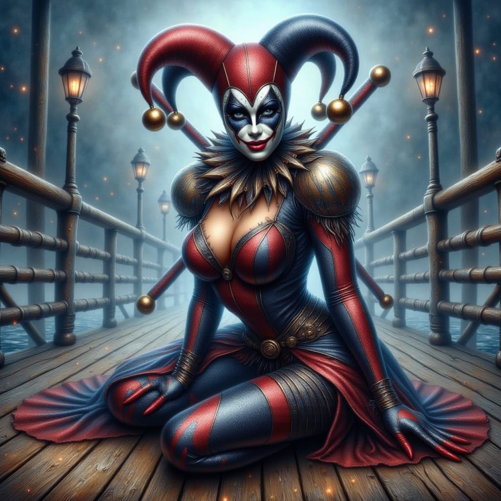 Deadpool Jester Warrior Poses on Foggy Pier