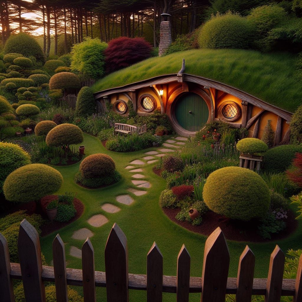 Charming Hobbit House in Lush Garden at Dusk