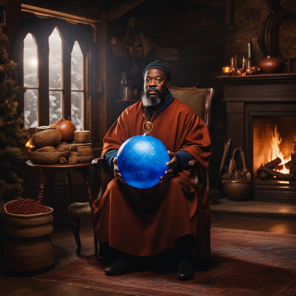 Wizard with Orb Beside Fireplace