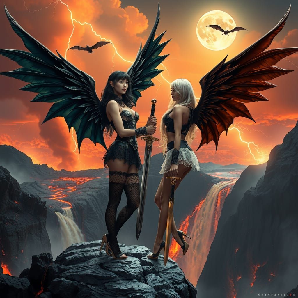 Volcanic Goddesses with Dragons, Hyperrealistic Digital Art