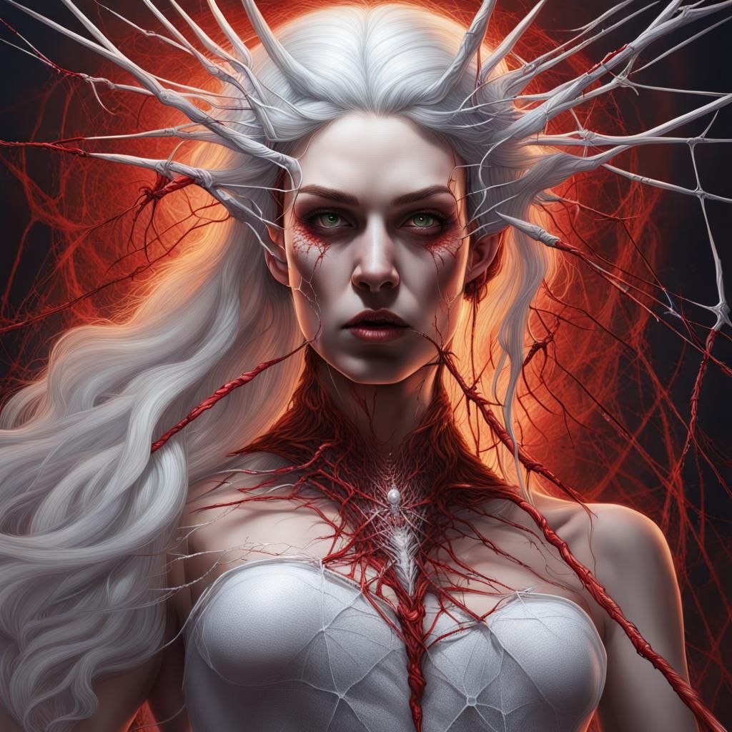 Hyperrealistic White Witch Weaving a Web of Blood