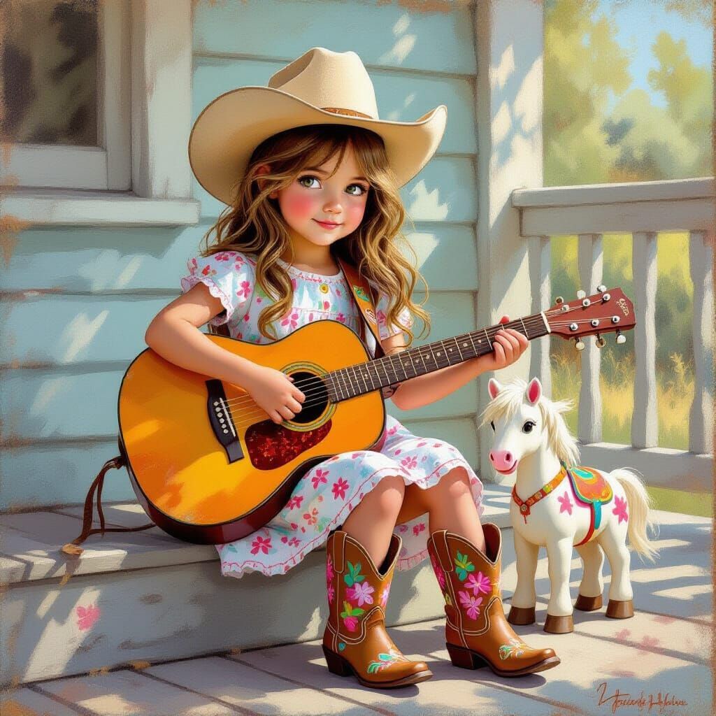 Girl Plays Country Guitar on Porch in Chalk Art Style