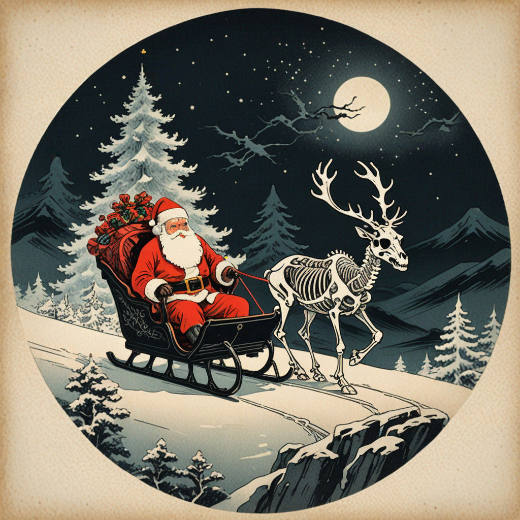 Realistic Ink Artwork of Skeleton Reindeers and Skull Santa