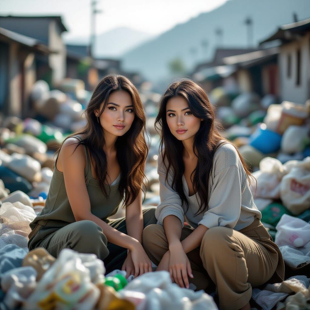 Confident Women Posing in Artfully Arranged Garbage