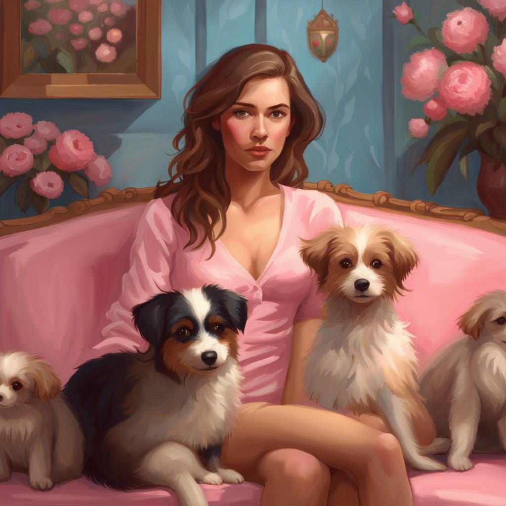Woman with Dogs in French Living Room, Digital Art