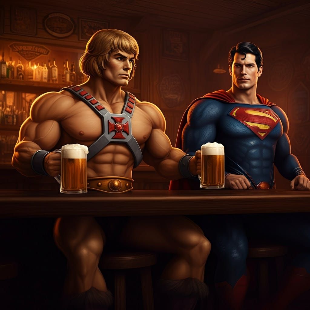 He-Man and Superman Enjoy a Night Out in a Rustic Bar