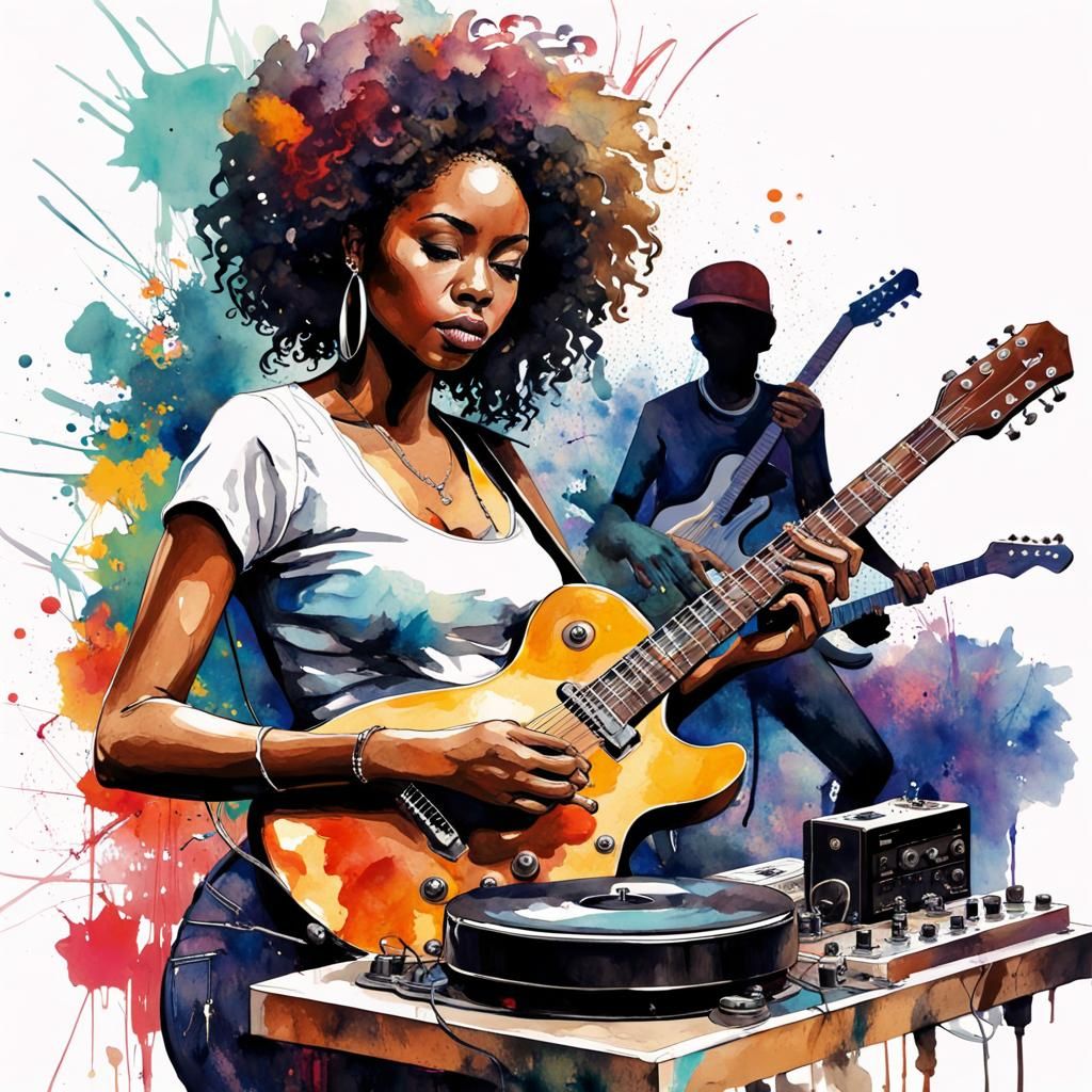 Young African woman playing guitar with her band