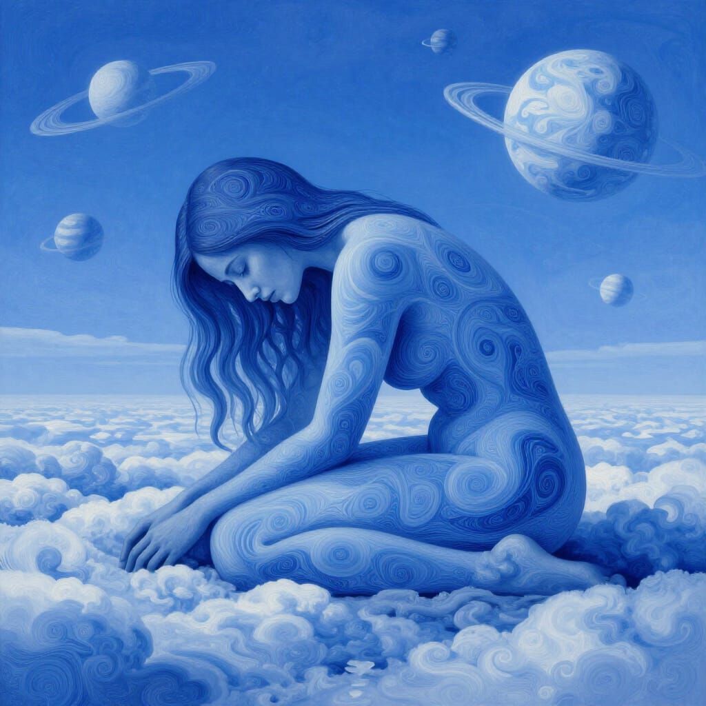 Surreal Woman Fetal Position Blending into Azure Sky