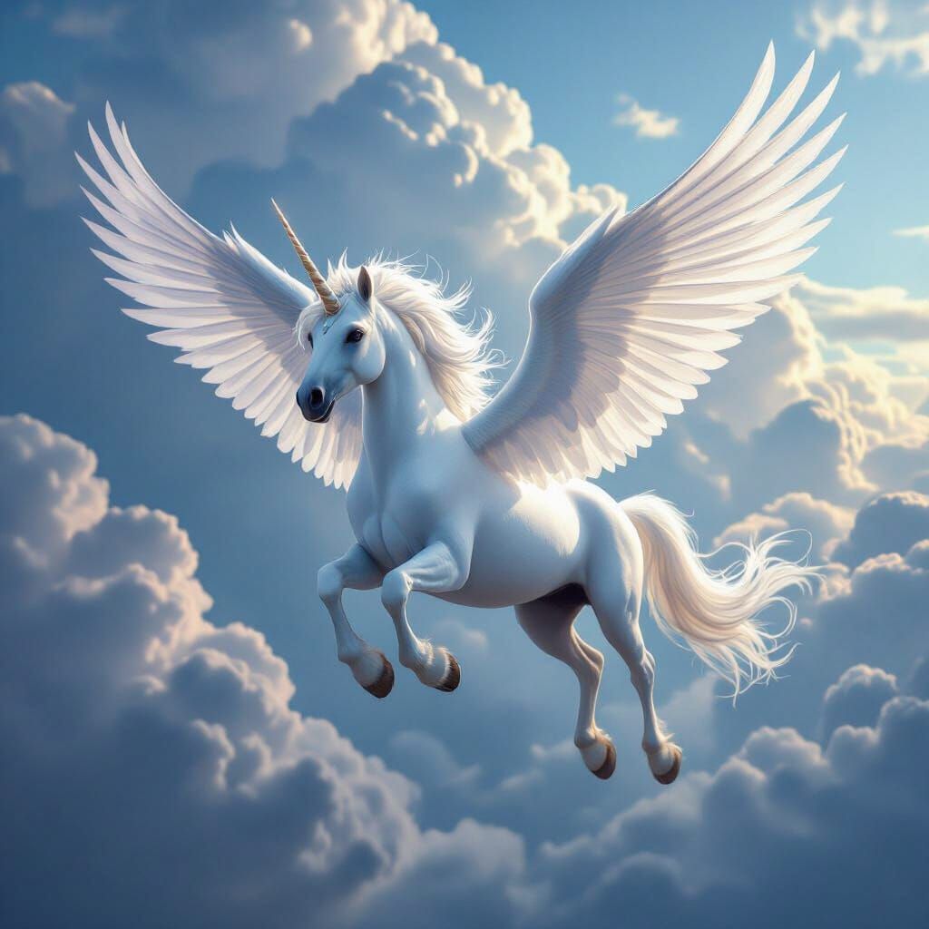 Majestic White Alicorn Soaring Through Clouds