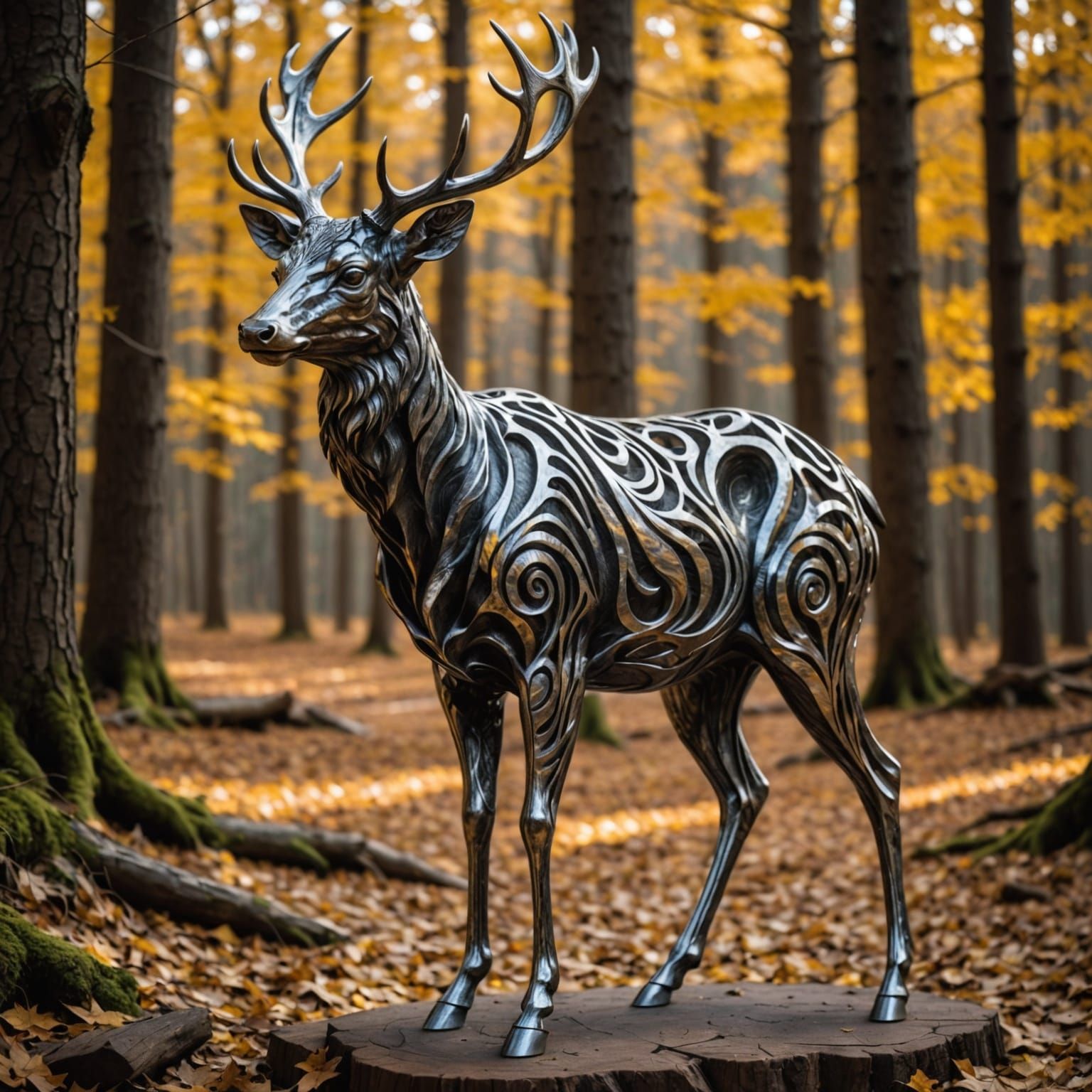 Damascus Steel Deer Sculpture in Forest