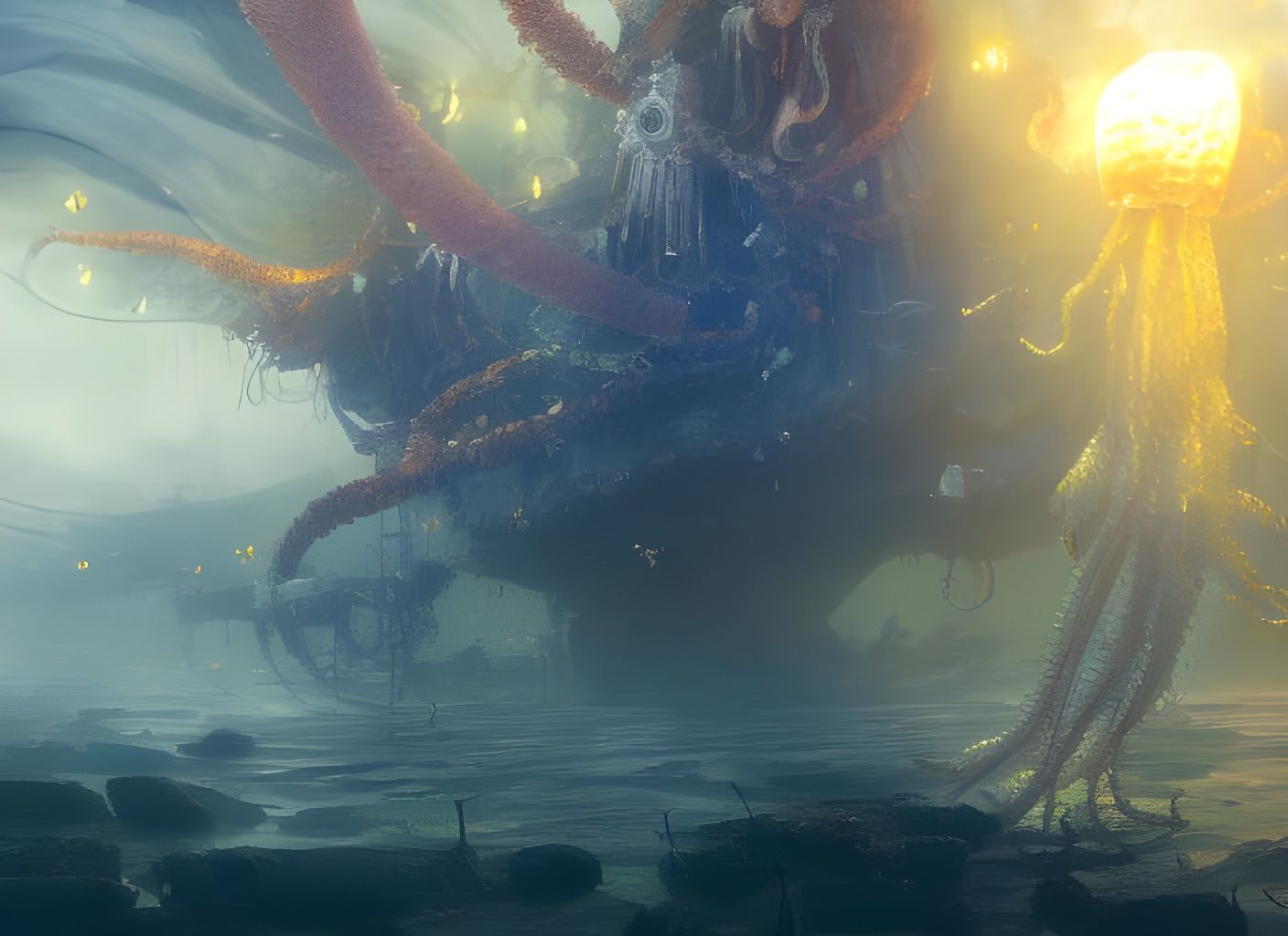 Colossal Jellyfish Shark Hybrid in Deep Sea Cornfield