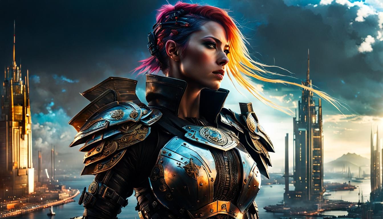 Cyberpunk Warlord Overlooks Future Cityscape in Digital Wate...