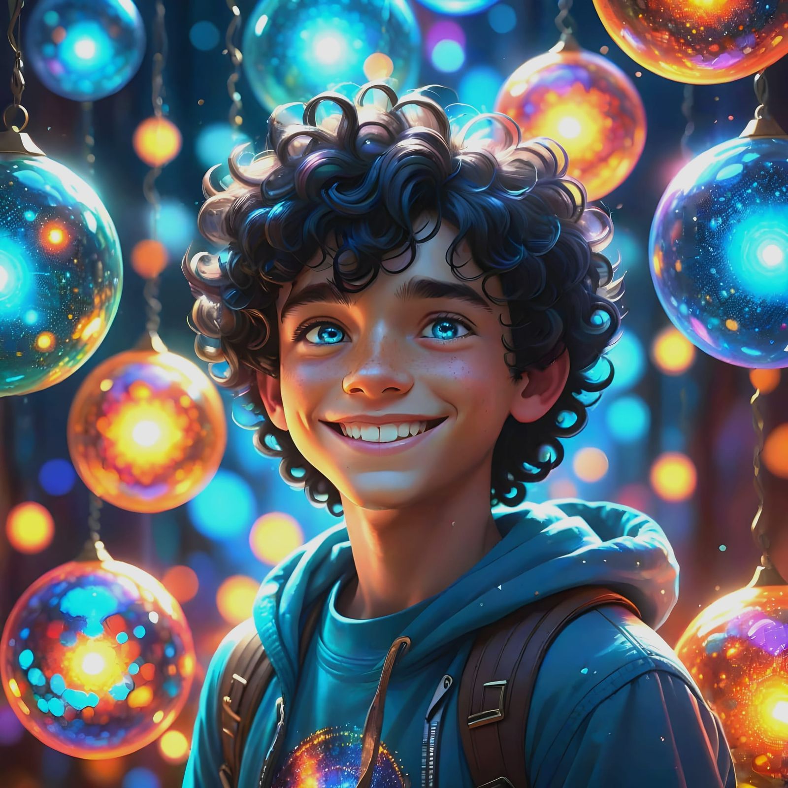 A Boy Amidst Vibrant, Iridescent Light Globes in a Fantastic...