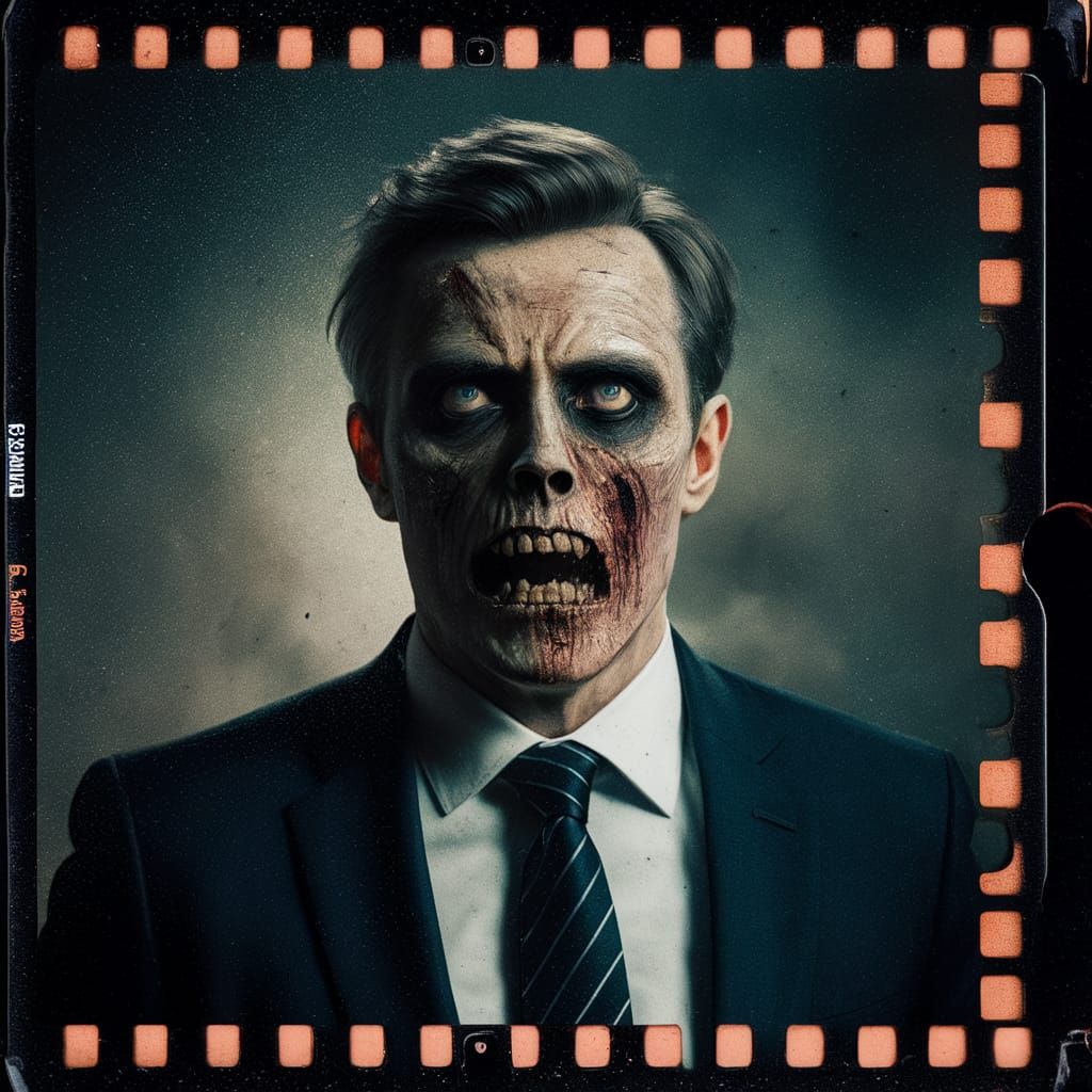 Emmanuel Macron as Zombie in Cinematic Film Still
