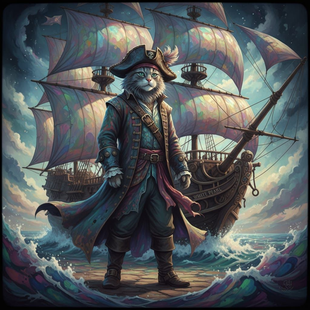Pirate Cat Aboard Hyperdetailed White Pearl Ship