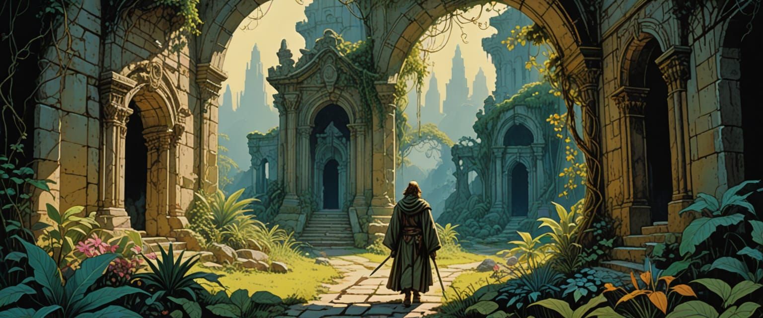 Jedi Knight in Ancient Temple Ruins, Retro Comic Style