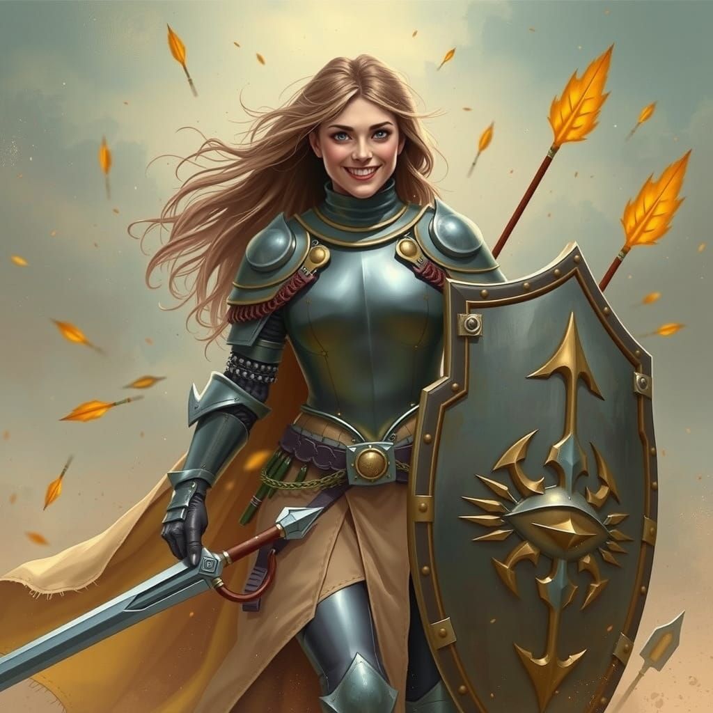Smiling Woman Warrior in Radiant Armor