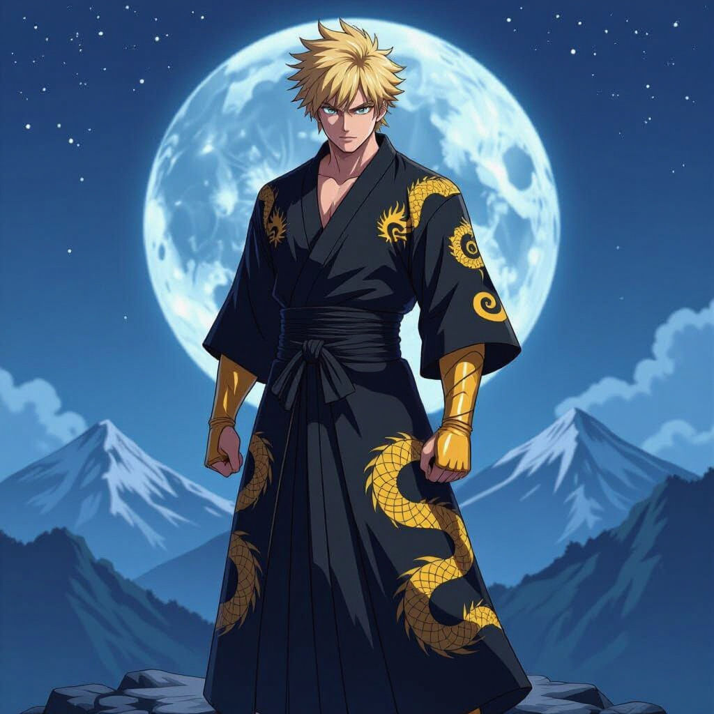Anime Warrior with Gold Arms in Dragon Kimono