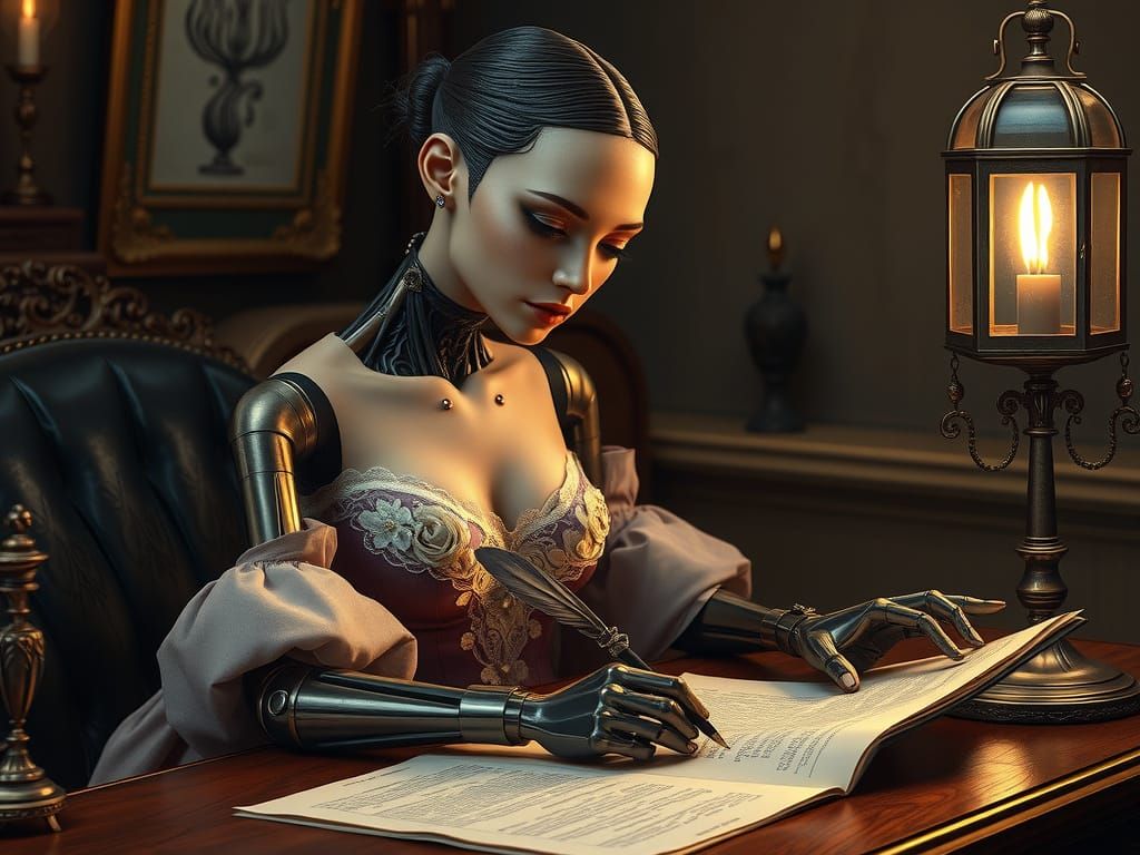 Elegant Android Scribe in Victorian Gown