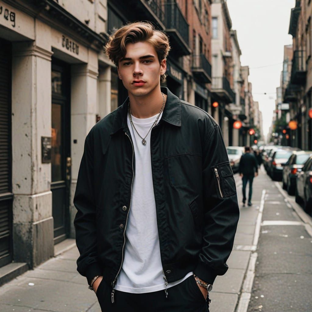 Handsome Young Guy in Trendy Outfit with Plump Lips