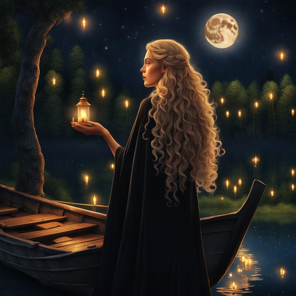 Ethereal Woman in Whimsical Lake Scene at Night