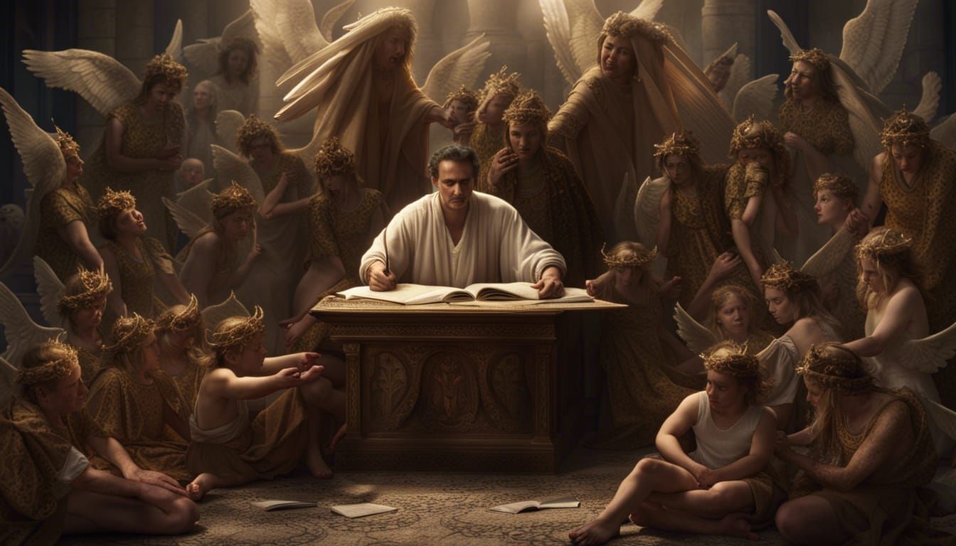 Scribe Surrounded by Angels and Demons: Matte Painting