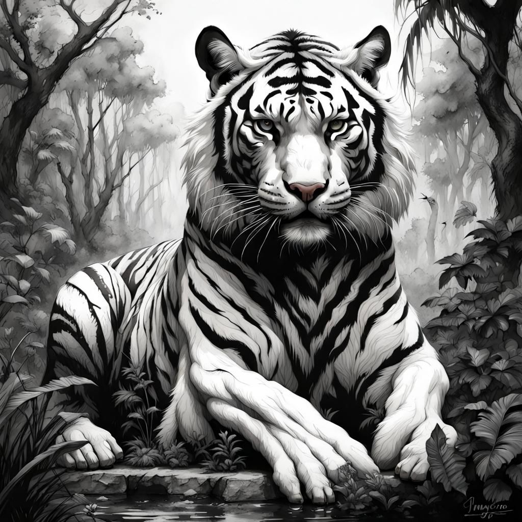 Gothic Black and White Tiger in Jungle