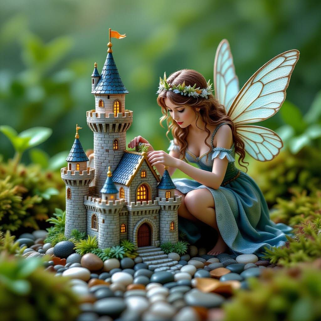 Fay Queen Builds Tiny Castle in Dewy Garden