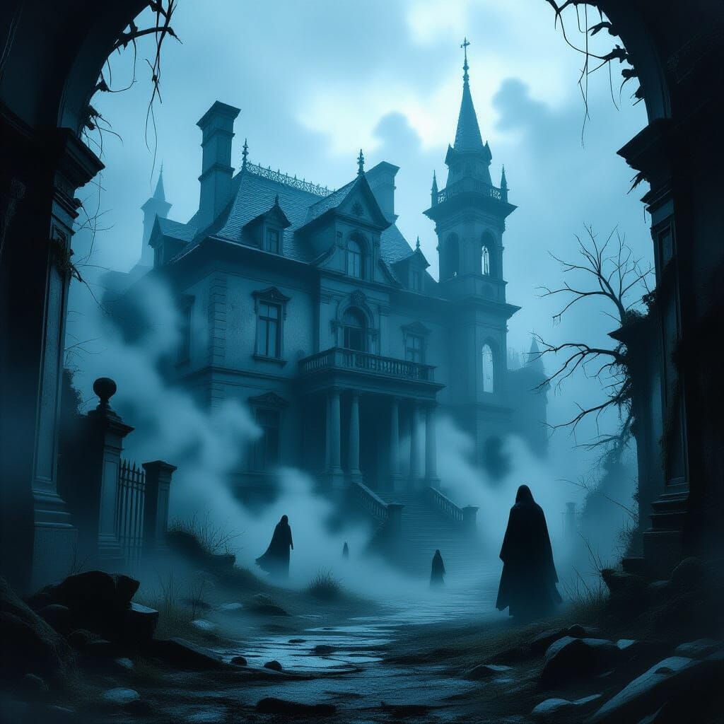Eerie Mansion in Twilight: Dark Fantasy Art