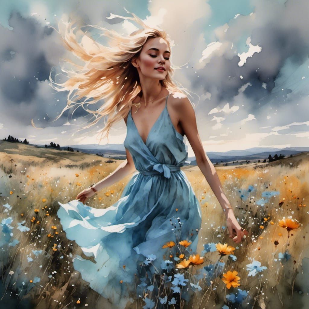 Blonde Woman Gathering Flowers in Summer Meadow