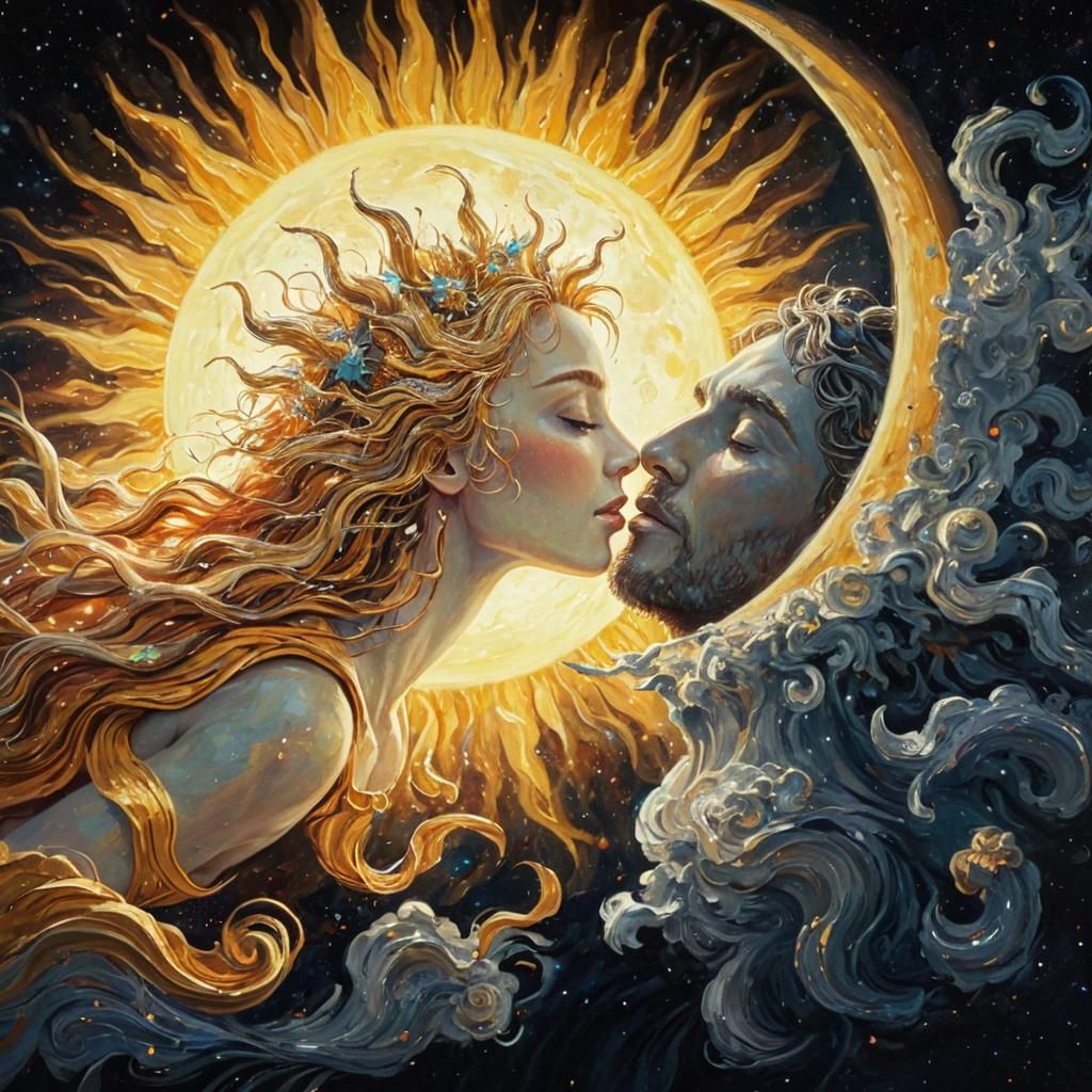 Celestial Sun and Moon Embrace, Digital Painting