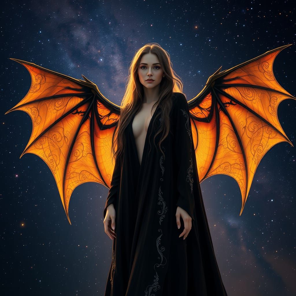 Majestic Woman with Bat Wings Illuminated by Starry Night Sk...