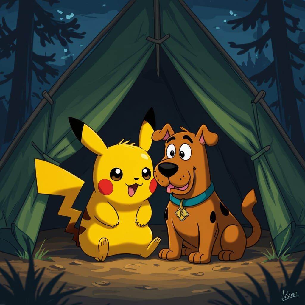 Pikachu and Scooby Doo in Tent, in Loish Style