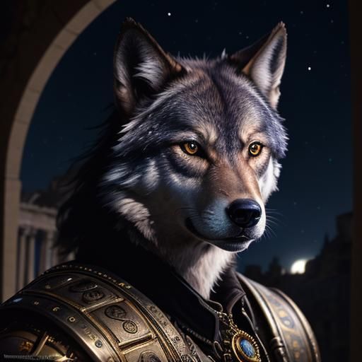 Steampunk Wolf Portrait Under Starry Roman Sky