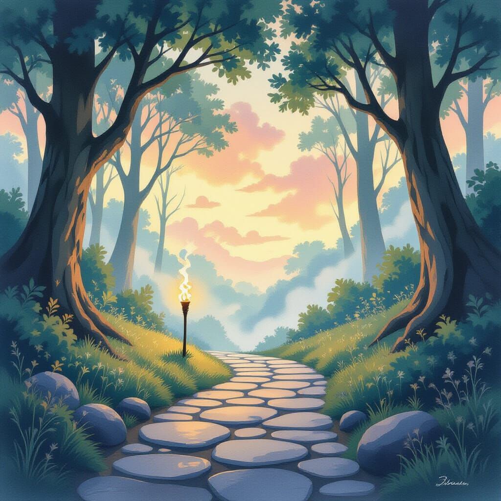 Enchanted Forest Path Lit by Ethereal Torchlight in Watercol...